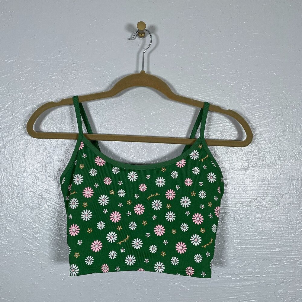 PINK Active Women M Green White Pink Daisy Sports Bra Twist Padded Athleisure